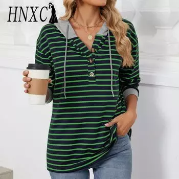 HNXC Женская мода Повседневный полосатый принт Длинные рукава с капюшоном Толстовки и свитшоты S тёмно-синий