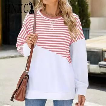 HNXC Женская мода Повседневный полосатый принт Длинные рукава O-образный вырез Толстовки и свитшоты S розовый