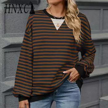 HNXC Женская мода Повседневный полосатый принт Длинные рукава O-образный вырез Толстовки и свитшоты S зелёный