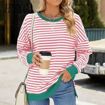 HNXC Женская мода Повседневный полосатый принт Длинные рукава O-образный вырез Толстовки и свитшоты S розовый