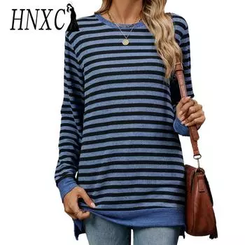 HNXC Женская мода Повседневный полосатый принт Длинные рукава O-образный вырез Толстовки и свитшоты S темно-синий