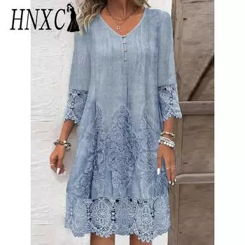 HNXC Женская мода весна-осень цветочный принт рукав 3/4 V-образный вырез высокая талия повседневные платья S синий