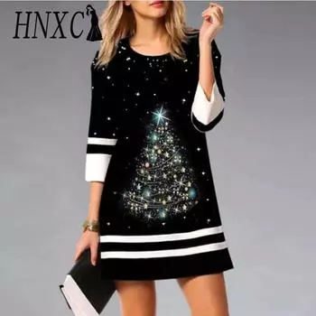 HNXC Женская мода весна осень рождественские принты повседневные платья с круглым вырезом и рукавом 3/4 S