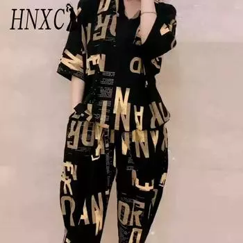 HNXC Женская одежда больших размеров для пухлых девочек. Летний комплект одежды для пухлых девочек. Стильный, свободный и повседневный.. Комплект из двух предметов: узкие брюки Haren M