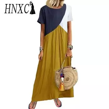 HNXC Женские модные летние однотонные повседневные платья с коротким рукавом и круглым вырезом с принтом S жёлтый