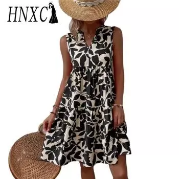 HNXC Женские модные летние повседневные платья без рукавов с v-образным вырезом и цветочным принтом S чёрный