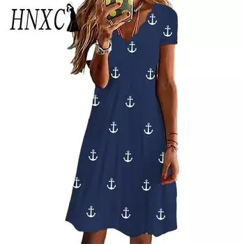 HNXC Женские модные летние повседневные платья с коротким рукавом и v-образным вырезом S синий