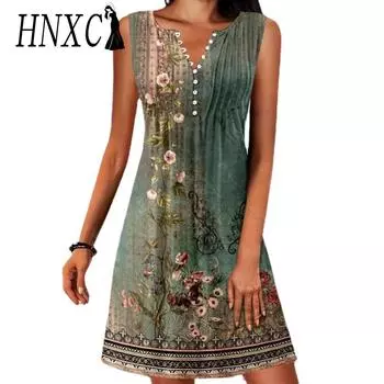 HNXC Женские модные летние повседневные платья без рукавов с v-образным вырезом и цветочным принтом S зелёный