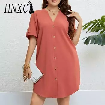 HNXC женские модные летние весенние однотонные повседневные платья с короткими рукавами и v-образным вырезом, большой размер XXXL оранжевый