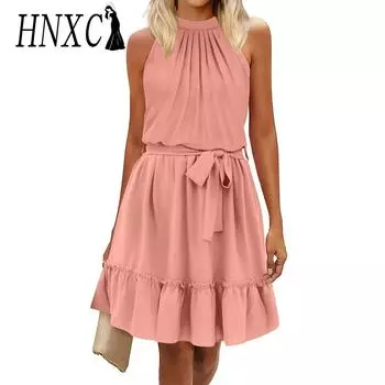HNXC женские модные летние весенние однотонные повседневные платья без рукавов с высоким воротом и высокой талией S синий