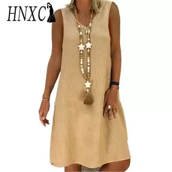 HNXC Женские модные летние весенние однотонные повседневные платья без рукавов с v-образным вырезом и принтом S хаки