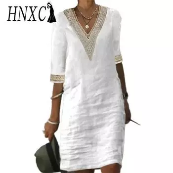 HNXC Женские модные летние весенние однотонные повседневные платья с рукавами 2/1 и v-образным вырезом S белый