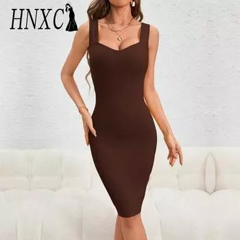 HNXC женские модные летние весенние однотонные повседневные платья с длинным рукавом и U-образным вырезом с высокой талией и принтом S темно-коричневого