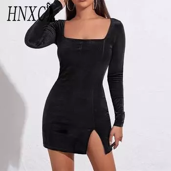 HNXC женские модные летние весенние однотонные повседневные платья с длинным рукавом и квадратным воротником с высокой талией и принтом S чёрный