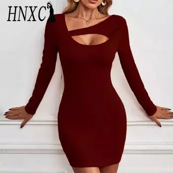 HNXC женские модные летние весенние однотонные повседневные платья с длинным рукавом и высокой талией с принтом S оранжевый