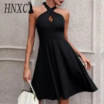 HNXC Женские модные летние весенние однотонные повседневные платья без рукавов с высокой талией и принтом S чёрный