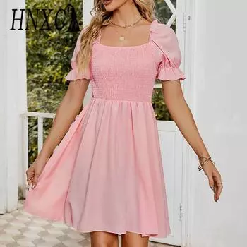 HNXC женские модные летние весенние однотонные повседневные платья с коротким рукавом и квадратным воротником с высокой талией S розовый