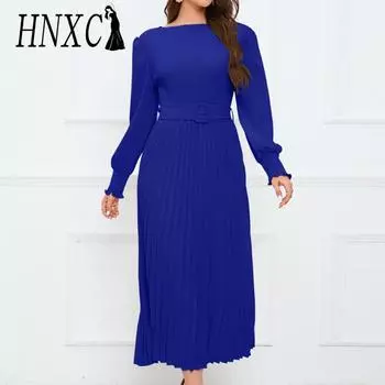 HNXC женские модные летние весенние однотонные повседневные платья с длинным рукавом и круглым вырезом с высокой талией и принтом S розовый