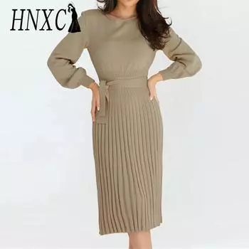 HNXC женские модные летние весенние однотонные повседневные платья с длинным рукавом и круглым вырезом с высокой талией и принтом S хаки