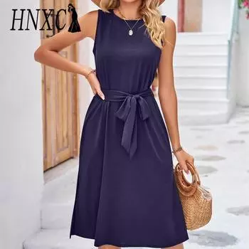 HNXC женские модные летние весенние однотонные повседневные платья без рукавов с круглым вырезом и высокой талией S чёрный