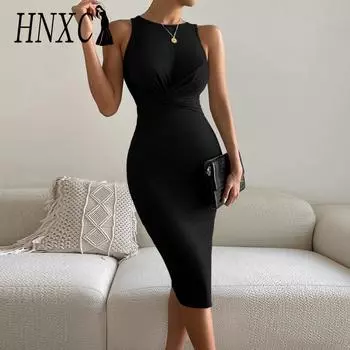 HNXC женские модные летние весенние однотонные повседневные платья без рукавов с круглым вырезом и высокой талией S чёрный