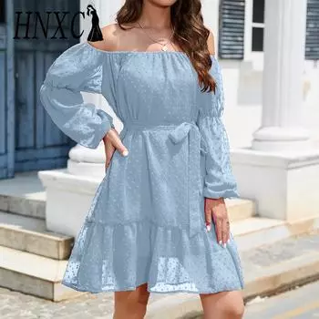 HNXC женские модные летние весенние однотонные повседневные платья с длинным рукавом и высокой талией с принтом S небесно-голубой