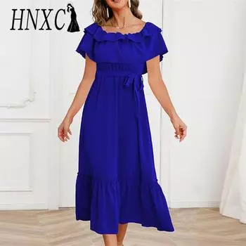 HNXC женские модные летние весенние однотонные повседневные платья с коротким рукавом и квадратным воротником с высокой талией S чёрный