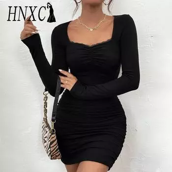 HNXC женские модные летние весенние однотонные повседневные платья с длинным рукавом и U-образным вырезом с высокой талией и принтом S чёрный