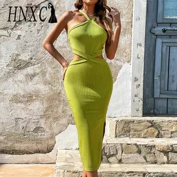 HNXC Женские модные летние весенние однотонные повседневные платья без рукавов с высокой талией и принтом S зелёный