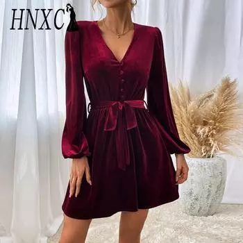 HNXC Женские модные летние весенние однотонные повседневные платья с длинным рукавом и v-образным вырезом с принтом S красный