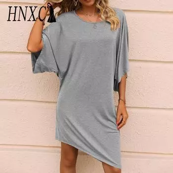 HNXC Женские модные летние весенние однотонные повседневные платья с коротким рукавом и круглым вырезом с принтом S чёрный