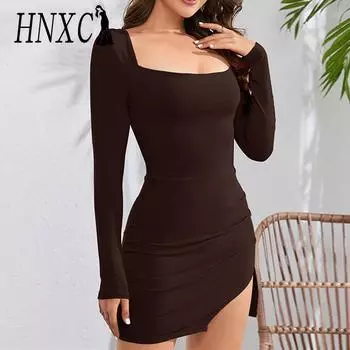 HNXC женские модные летние весенние однотонные повседневные платья с длинным рукавом и U-образным вырезом с высокой талией и принтом S красный