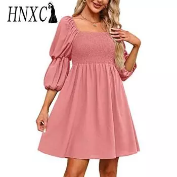 HNXC женские модные летние весенние однотонные повседневные платья с коротким рукавом и квадратным воротником с принтом S белый