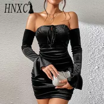 HNXC женские модные летние весенние однотонные повседневные платья с длинным рукавом и высокой талией с принтом S чёрный