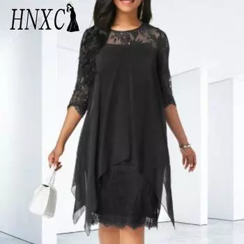 HNXC Женские модные летние весенние однотонные повседневные платья с рукавом 3/4 и круглым вырезом с принтом XXL синий