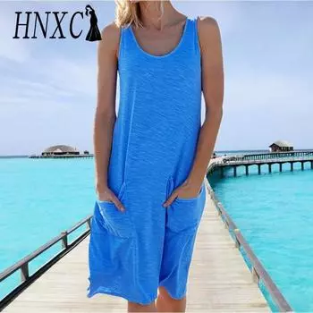 HNXC Женские модные летние весенние однотонные повседневные платья без рукавов с круглым вырезом и принтом S белый