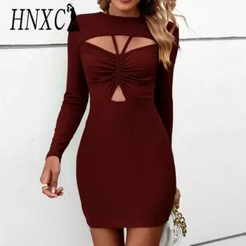 HNXC женские модные летние весенние однотонные повседневные платья с длинным рукавом и круглым вырезом с высокой талией и принтом S зелёный