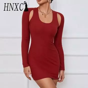 HNXC женские модные летние весенние однотонные повседневные платья с длинным рукавом и U-образным вырезом с высокой талией и принтом S светло-зеленый