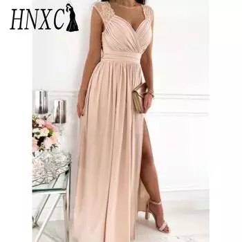 HNXC Женские модные летние весенние однотонные повседневные платья без рукавов с v-образным вырезом и принтом S бежевый