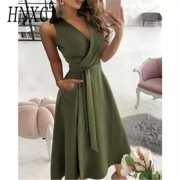 HNXC Женские модные летние весенние однотонные повседневные платья без рукавов с v-образным вырезом и принтом S фиолетовый