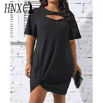 HNXC Женские модные летние весенние однотонные повседневные платья с коротким рукавом и круглым вырезом с принтом S чёрный