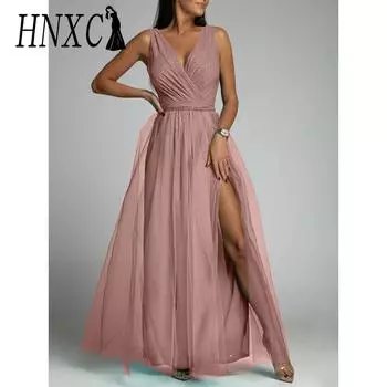 HNXC Женские модные летние весенние однотонные повседневные платья без рукавов с v-образным вырезом и принтом S шампанского