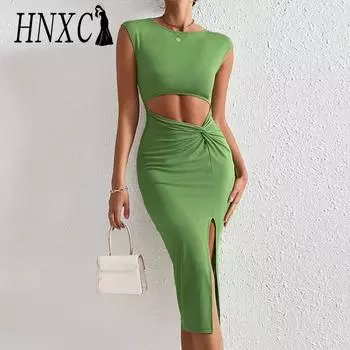 HNXC женские модные летние весенние однотонные повседневные платья без рукавов с круглым вырезом и высокой талией S зелёный