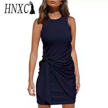 HNXC женские модные летние весенние однотонные повседневные платья без рукавов с круглым вырезом и высокой талией S хаки