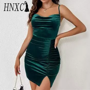 HNXC женские модные летние весенние однотонные повседневные платья без рукавов с квадратным воротником и высокой талией S зелёный
