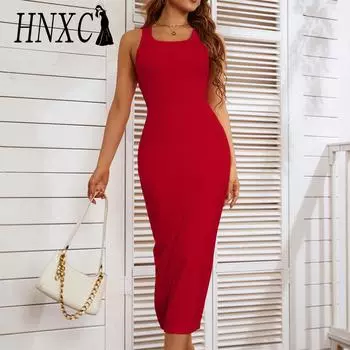 HNXC женские модные летние весенние однотонные повседневные платья без рукавов с v-образным вырезом и высокой талией XS чёрный