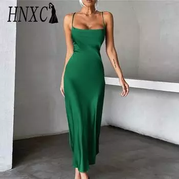 HNXC Женские модные летние весенние однотонные повседневные платья без рукавов с высокой талией и принтом S зелёный