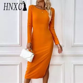HNXC женские модные летние весенние однотонные повседневные платья с длинным рукавом и круглым вырезом с высокой талией и принтом S оранжевый