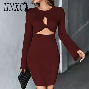 HNXC женские модные летние весенние однотонные повседневные платья с длинным рукавом и круглым вырезом с высокой талией и принтом S чёрный