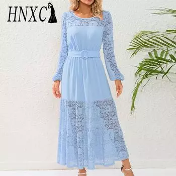 HNXC женские модные летние весенние однотонные повседневные платья с длинным рукавом и круглым вырезом с высокой талией и принтом